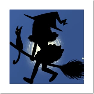 Cute Little Witch on a Broom - Silhouette Design Posters and Art